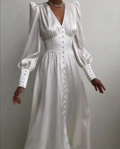 Vestito Donna Lungo Scollo V Spalline Maniche Sbuffo Bottoncini Casual -Lindavi Negozio image d72589d9 0ac9 4392 bca8 5d1db16b68e2