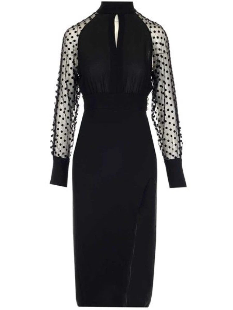 Vestito Tubino Donna Spacco Manica Lunga Elegante 2 Vestito Tubino Donna Spacco Manica Lunga Elegante - immagine 2