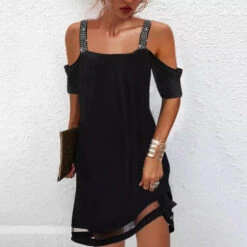 Vestito Donna Morbido Scollo Barca Bretelline Strass