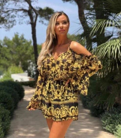 Tuta Donna Corta Pantaloncino Vestito Fantasia Manica Lunga Elegante