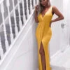 Abito Donna Vestito Lungo Spacco Scollo V Elegante Feste Eventi Party