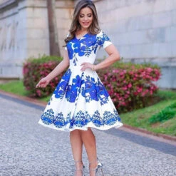 Vestito Donna Fantasia Svasato Scollo V Manica Corta Elegante Feste Eventi Party