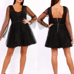 Vestito Donna Tulle Svasato Campana Scollo Cuore Manica Lunga Velata Elegante Feste Eventi Party