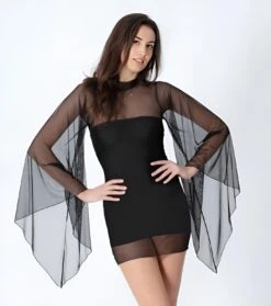 Vestito Donna Tubino Velato Manica Campana Sexy Elegante