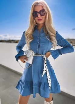 Vestito Donna Jeans Colletto Bottoni Gonna Campana Volant