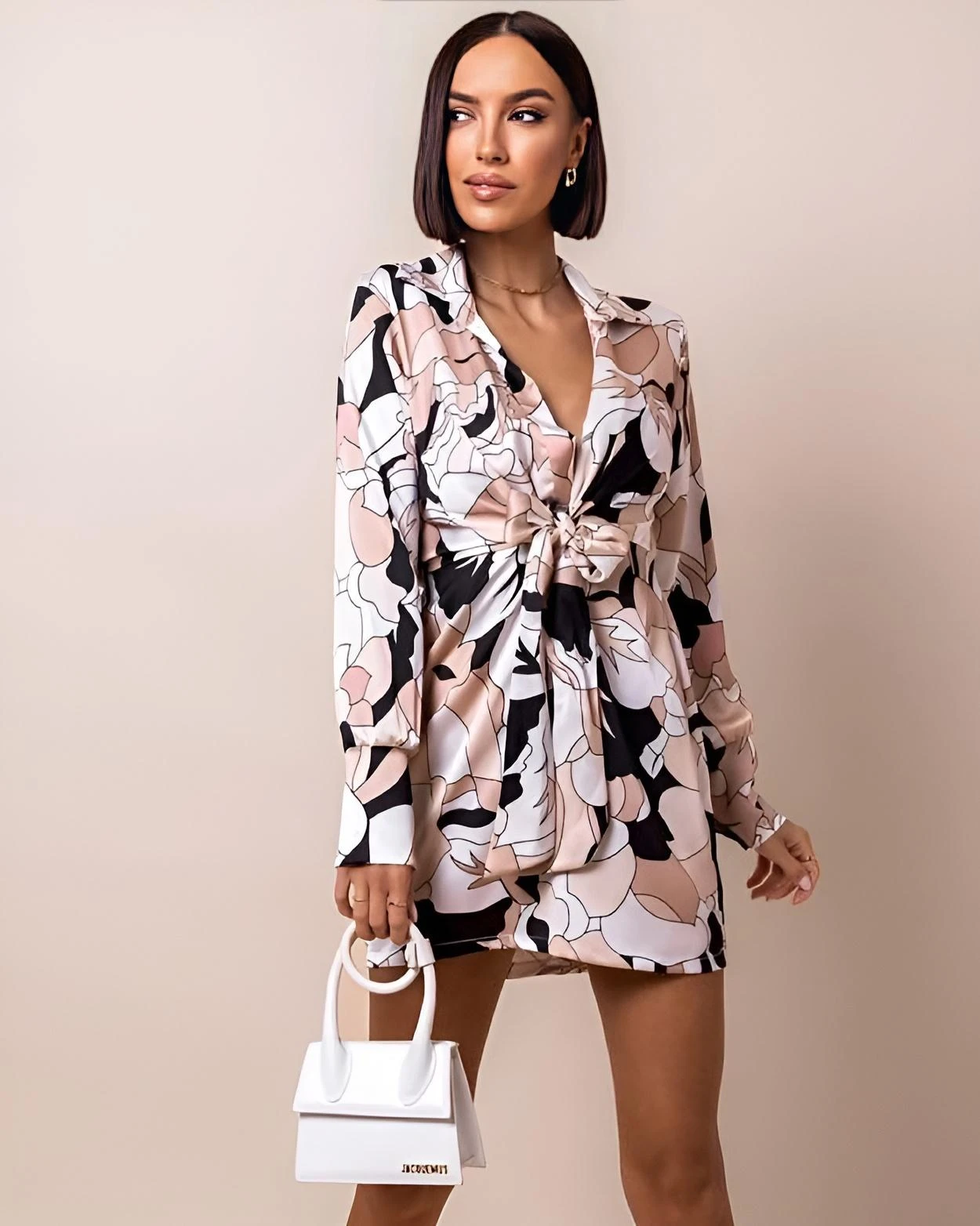 Vestito Donna Tubino Scollo V Profondo Fantasia Fiori Fiocco Casual Elegante 1 Vestito Donna Tubino Scollo V Profondo Fantasia Fiori Fiocco Casual Elegante