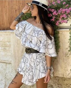 Vestito Donna Scollo Barca Fantasia Catena