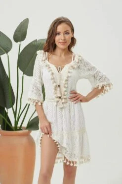 Linda Vestito Donna Morbido Scollo V Manica Tre Quarti Nappine Ricamo Bicolore