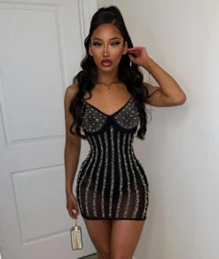 Linda Vestito Donna Tubino Scollo Cuore Bretelle Aderente Velato Strass Sexy