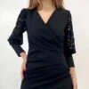 Linda Vestito Donna Tubino Scollo V Manica Sbuffo Merletto Arricciato Sensuale Elegante