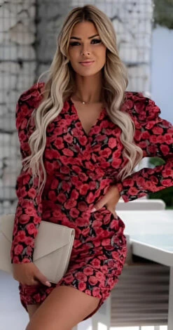 Linda Vestito Donna Tubino Scollo V Spalle Sbuffo Fantasia Rose Elegante