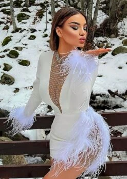 Linda Vestito Donna Tubino Scollo V Profondo Strass Piume Tulle Trasparente Spacco Elegante Sensuale