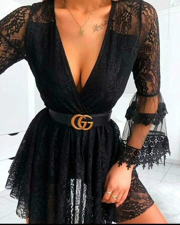 Vestito Donna Merletto Traforato Velato Scollo V Morbido Sensuale Elegante 4 Vestito Donna Merletto Traforato Velato Scollo V Morbido Sensuale Elegante - immagine 4