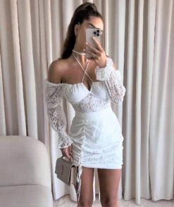 Vestito Donna Tubino Scollo Cuore Manica Sbuffo Bretella Merletto Coulisse Sensuale Elegante