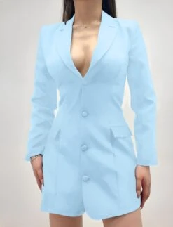 Vestito Donna Giacca Bottoni Scollo V Profondo Colletto Manica Lunga Elegante Sensuale -Lindavi Negozio mery11giaccalightbluedress