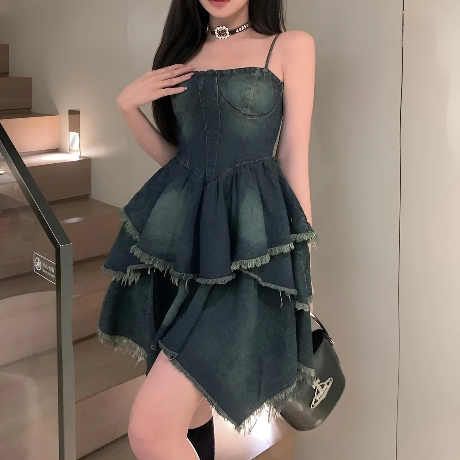 Vestito Donna Morbido Denim Corpetto Scollo Cuore Bretelle Volant 1 Vestito Donna Morbido Denim Corpetto Scollo Cuore Bretelle Volant