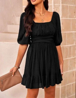 Vestito Donna Manica Sbuffo Gonna Morbida Schiena Scoperta Fiocco Casual Elegante