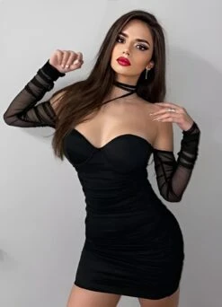 Vestito Donna Tubino Scollo Cuore Guanti Velato Laccio Elegante Sensuale Aderente