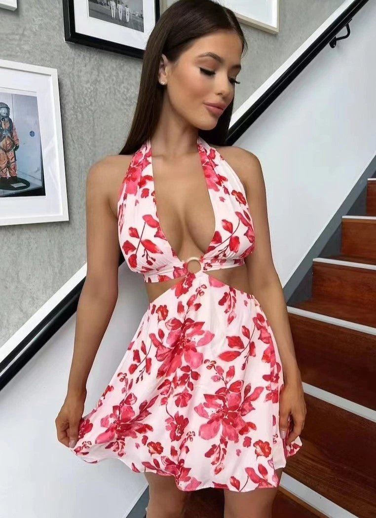 Vestito Donna Cut Out Fantasia Fiori Gonna Svasata Sensuale Elegante 1 Vestito Donna Cut Out Fantasia Fiori Gonna Svasata Sensuale Elegante
