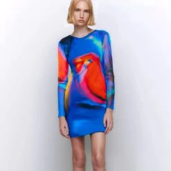 Vestito Donna Tubino Girocollo Fantasia Multicolore Schiena Scoperta Lacci Incrociati Sensuale Casual Elegante