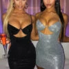 Vestito Donna Tubino Bretelle Scollo Cuore Cut Out Glitter Schiena Scoperta Sensuale Elegante