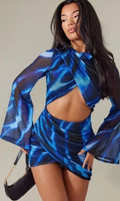 Vestito Donna Tubino Aderente Cut Out Manica Campana Incrociato Drappeggiato Sensuale Elegante