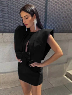 Vestito Donna Tubino Giromanica Cut Out Fiocco Sensuale Elegante -Lindavi Negozio nero shida 12