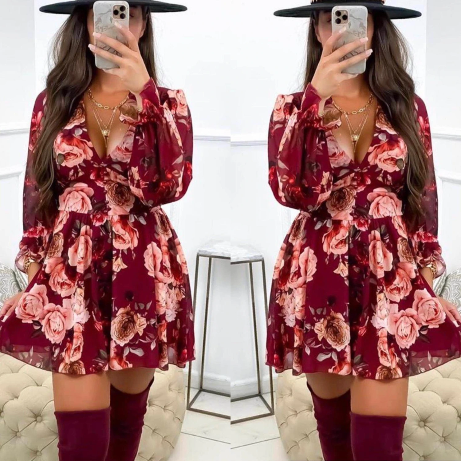 Vestito Donna Scollo V Fantasia Rose 1 Vestito Donna Scollo V Fantasia Rose