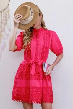 Vestito Donna Campana Cintura Fiocco Monocolore Ricamo Occhiello Mezza Manica Bottoni -Lindavi Negozio refrew