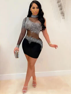 Vestito Donna Tubino Tulle Mono Spalla Strass Gioiello Elegante Sensuale