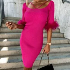 Vestito Donna Tubino Bretella Manica Corta Piume Scollo Fascia Sensuale Elegante -Lindavi Negozio rg