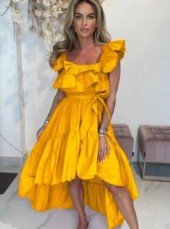 Linda Vestito Donna Scollo Barca Rush Svasato Asimmetrico Fiocco Casual -Lindavi Negozio rosa arancione verde nero btgt 1