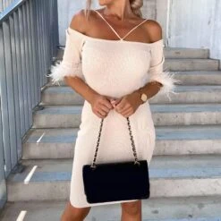 Vestito Donna Tubino Bretella Manica Corta Piume Scollo Fascia Sensuale Elegante