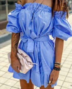 Vestito Donna Cintura Mezza Manica Fantasia Righe