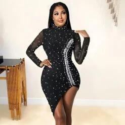 Vestito Donna Tubino Schiena Scoperta Strass Gioiello Spacco Velato Elegante Sensuale