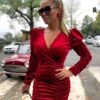 Vestito Donna Tubino Scollo V Profondo Spalla Sbuffo Arricciato Velluto Elegante Sensuale