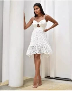 Vestito Donna Bretelle Cut Out Gonna Svasata Merletto Pizzo Elegante Sexy