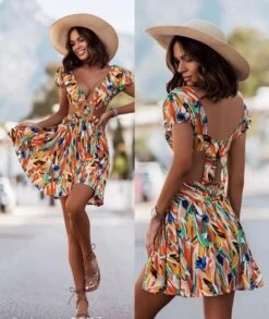 Vestito Donna Svasato Scollo V Schiena Scoperta Fiocco Multicolore Casual Elegante