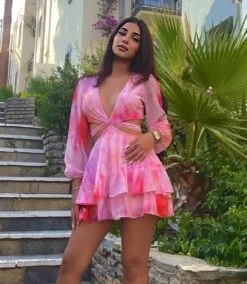 Vestito Donna Morbido Cut Out Manica Sbuffo Scollo V Gonna Campana Volant