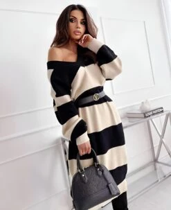 Vestito Donna Maxi Pull Collo Alto Fantasia Righe Spacco Casual Comodo Morbido