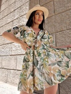 Vestito Donna Scollo V Fiocco Cut Out Fantasia Gonna Svasata Mezza Manica Ampia Casual Elegante