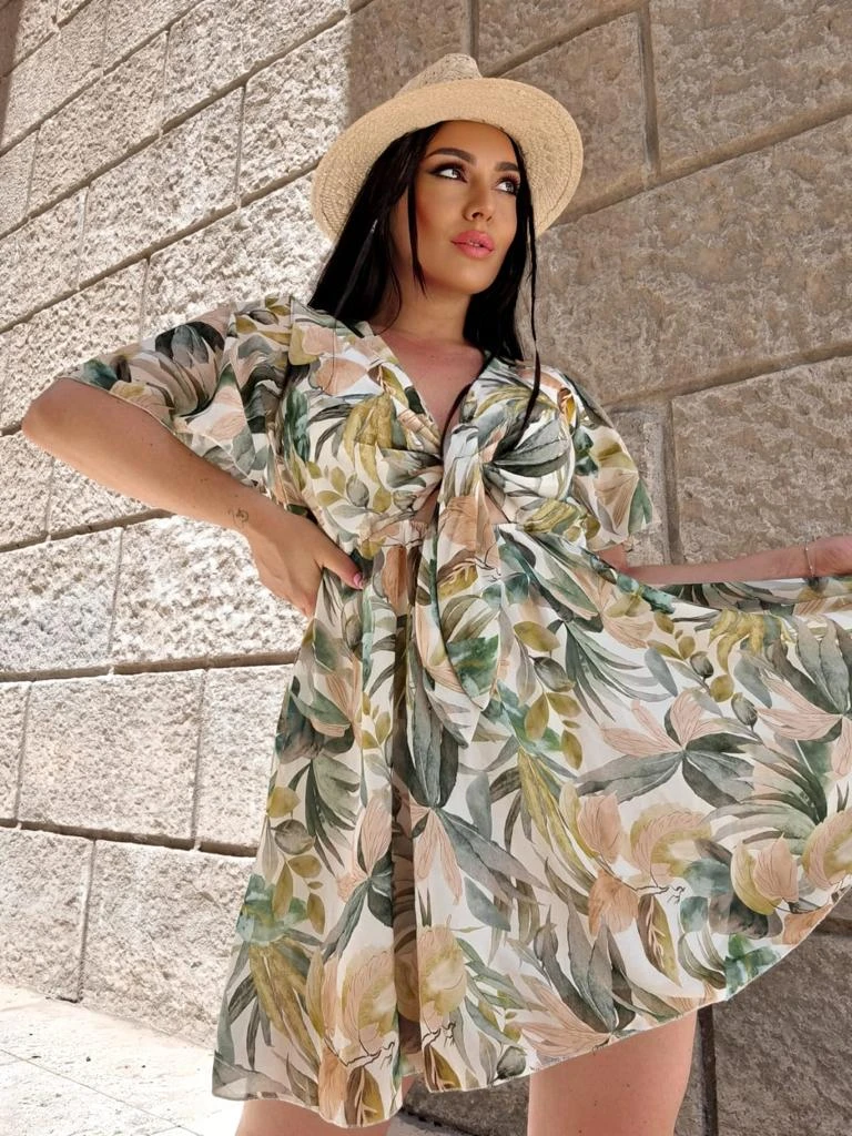 Vestito Donna Scollo V Fiocco Cut Out Fantasia Gonna Svasata Mezza Manica Ampia Casual Elegante 1 Vestito Donna Scollo V Fiocco Cut Out Fantasia Gonna Svasata Mezza Manica Ampia Casual Elegante