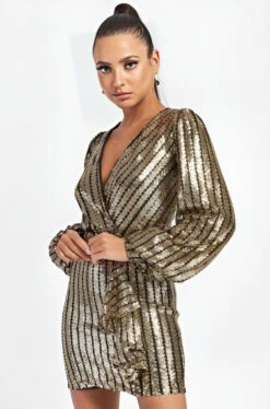 Vestito Donna Tubino Paillettes Rush Scollo V Profondo Manica Sbuffo Elegante Sensuale