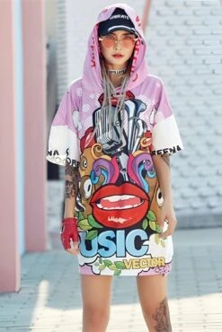 Vestito Donna Morbido Stampa Multicolore Mezza Manica Cappuccio Casual