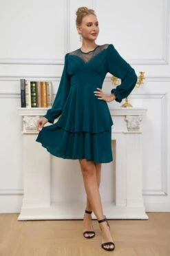 Vestito Donna Morbido Gonna Campana Tulle Balze Manica Sbuffo Elegante Sensuale