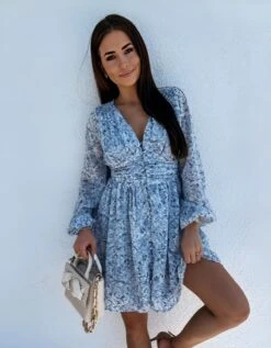 Vestito Donna Morbido Gonna Campana Manica Sbuffo Scollo V Fantasia Fiori Bottoni Casual Elegante