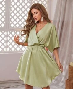 Vestito Donna Scollo V Intreccio Manica Ampia Gonna Morbida Sensuale Elegante