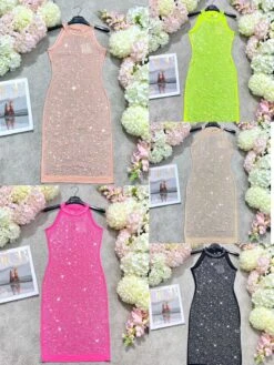 Linda Vestito Donna Tubino Scollo Americano Spalle Scoperte Strass Tulle Monocolore Elegante -Lindavi Negozio vdxf