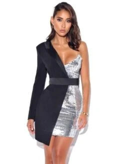 Vestito Donna Tubino Mono Spalla Paillettes Elegante