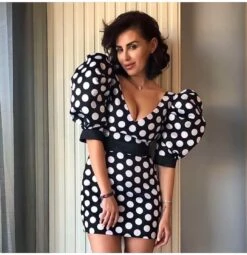 Vestito Donna Scollo V Pois Spalle Sbuffo